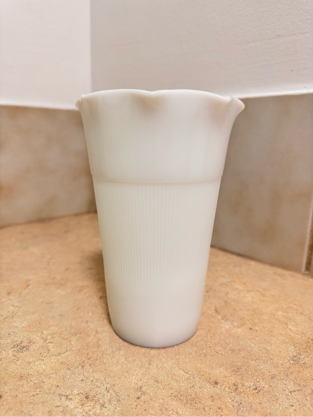 White Milk Glass Scalloped Vase | Ribbed Pedestal Bud Vase - Picture 8 of 10